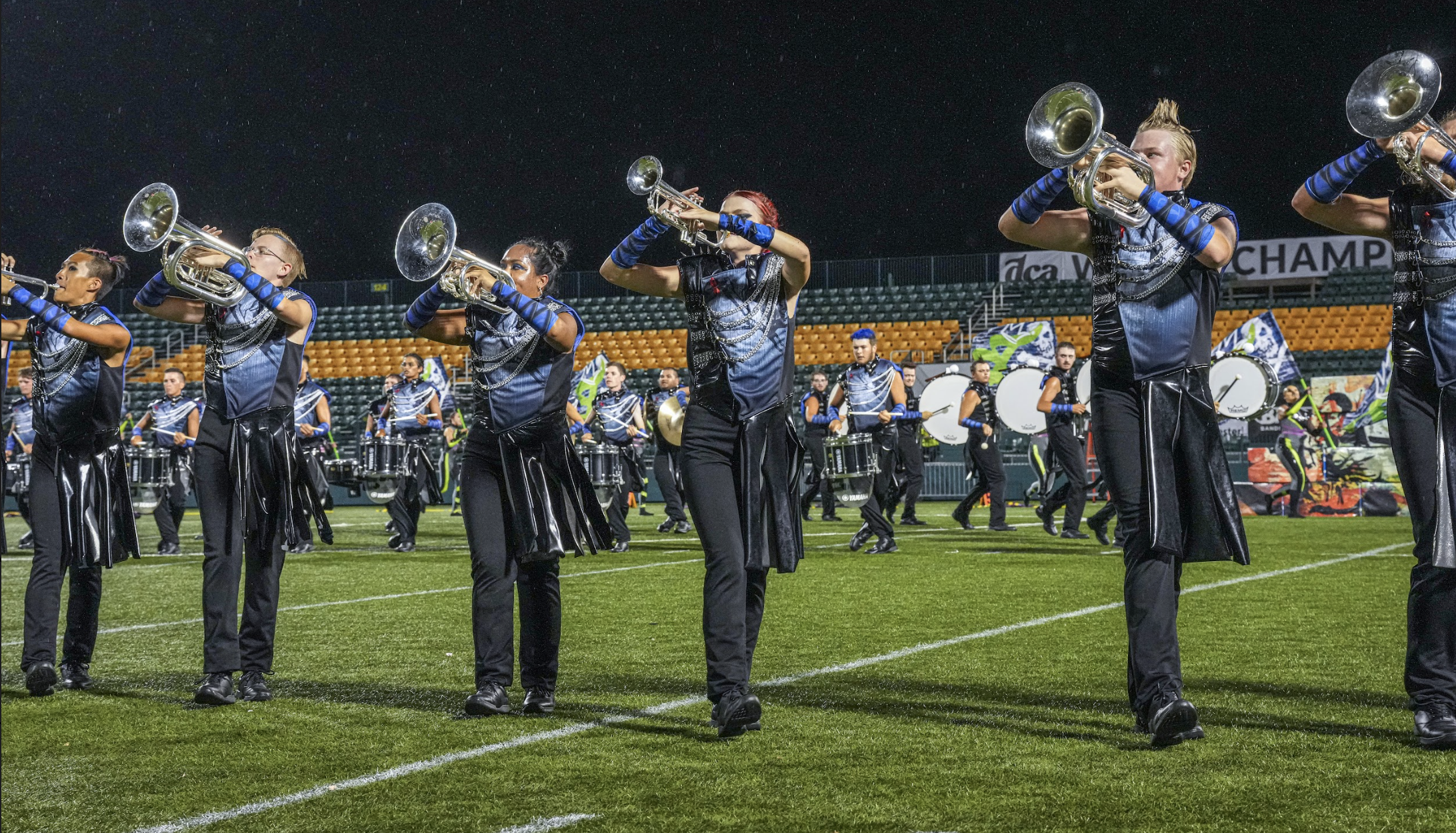 Trumpet Players in uniform, drum corp