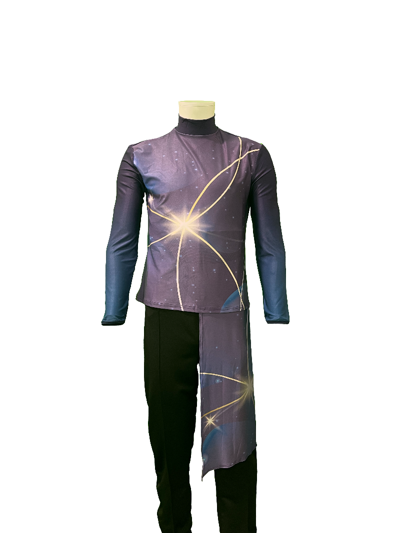 A band top with a purple starburst design, featuring a high neck and long sleeves, made from a shiny, breathable fabric.