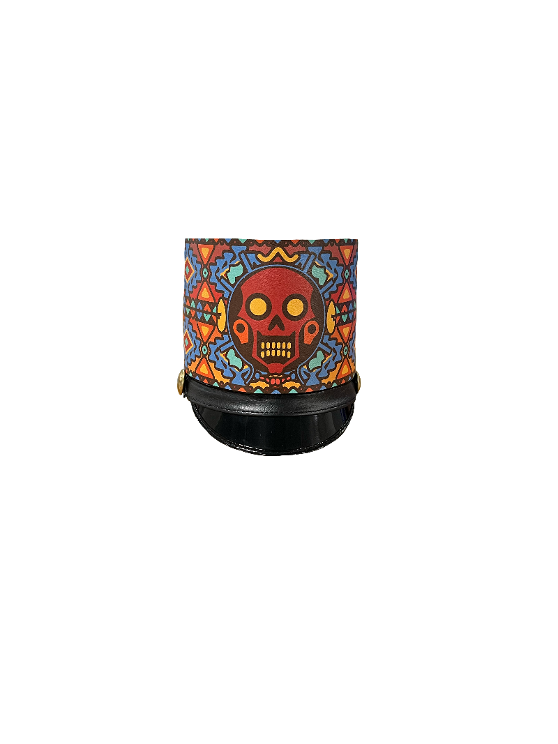 A shako wrap with a colorful Aztec print design, primarily in red, orange, and black, intended for use in a marching band.