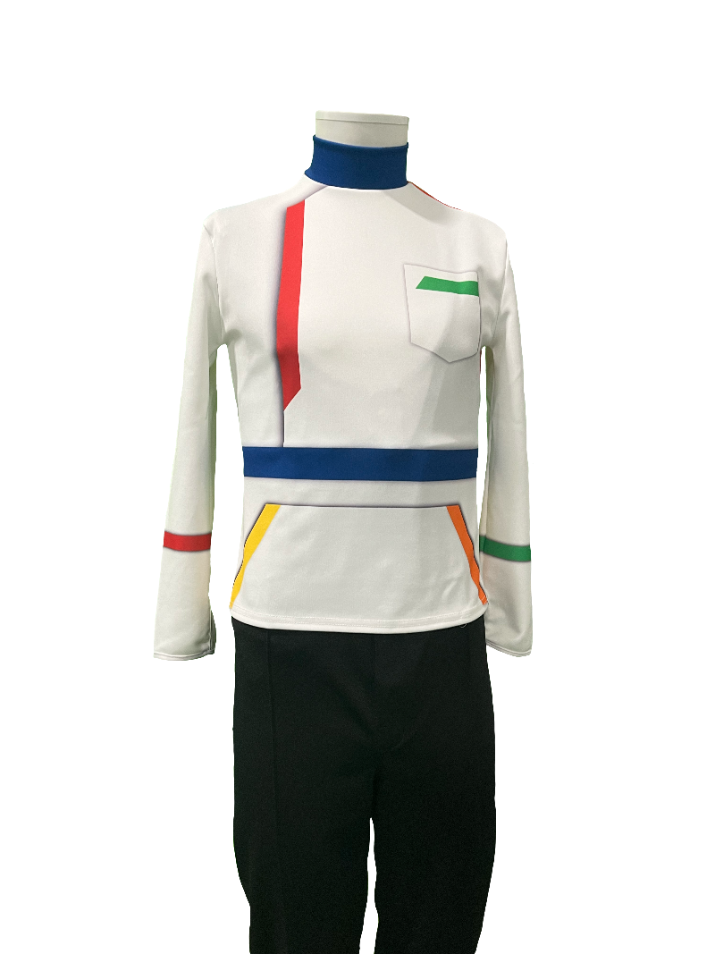 A mannequin wearing a costume with white as the dominant color, featuring colorful horizontal stripes and a blue neck accessory.