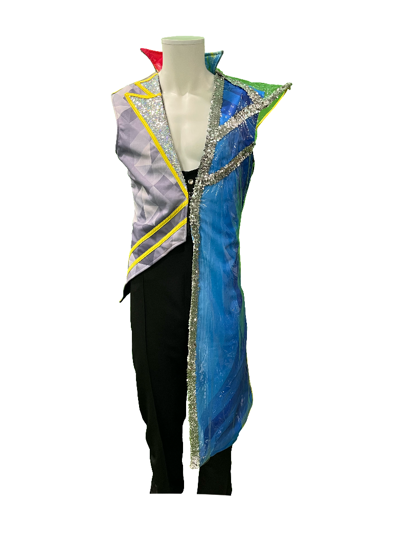A multicolored sleeveless vest with sequins and embellishments, displayed on a mannequin.