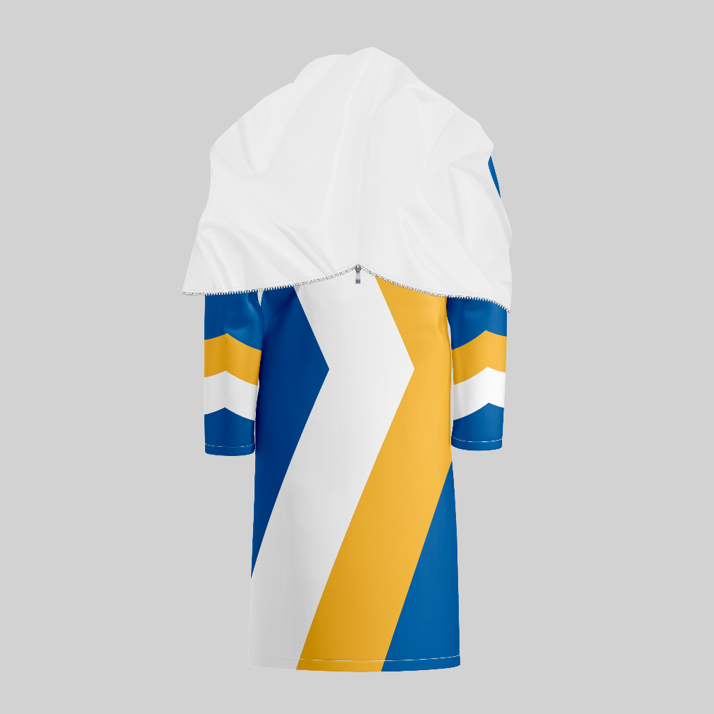 Back view of TempoShield Raincoat T9 featuring a full-length marching band raincoat with a white shoulder cape overlay, bold diagonal color-block pattern in royal blue, white, and gold, long sleeves with matching chevron accents, and a weather-resistant waterproof design ideal for outdoor band and performance use.