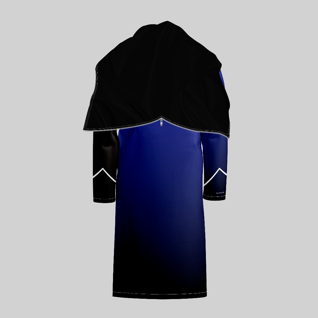Rear view of TempoShield Raincoat T8 showing a full-length marching band raincoat with black shoulder cape, deep navy blue body, black sleeves with white accent piping, smooth gradient finish, and durable waterproof construction designed for outdoor marching band performances.