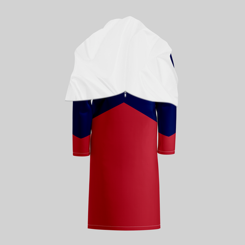 TempoShield Raincoat T3 back view showing a full-length waterproof marching band raincoat with a red lower body, navy blue upper panel, white shoulder cape with rear zip detail, long sleeves, and durable all-weather design for outdoor performances and parades.