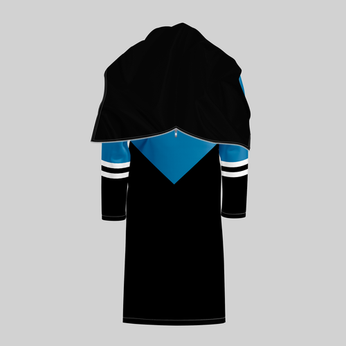 TempoShield Raincoat T7 back view showing a full-length marching band raincoat with black body, sky blue inverted V back panel, black shoulder cape with rear zipper detail, and white double-stripe sleeve accents, engineered for waterproof performance and coordinated band uniforms during outdoor events.