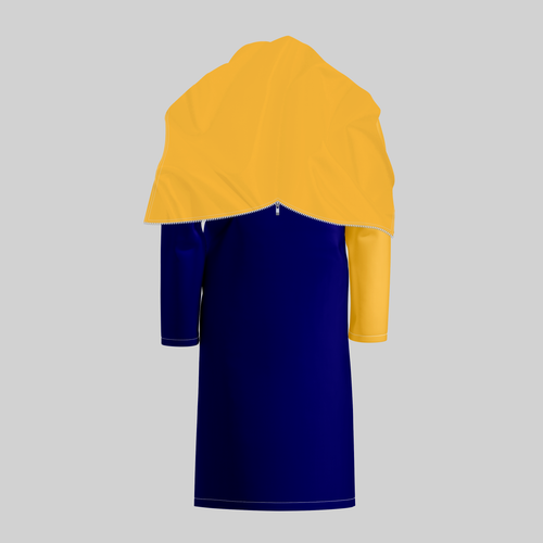 TempoShield Raincoat T11 rear view displaying a full-length waterproof marching band raincoat with a deep blue body, mustard yellow hooded shoulder cape, clean minimalist back panel, and weather-resistant construction for reliable all-weather band performance use.