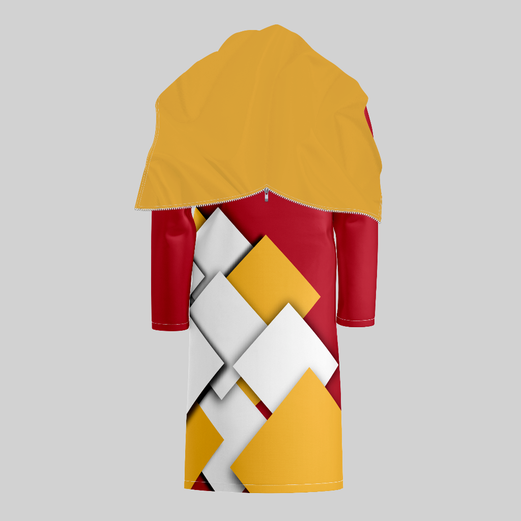 TempoShield Raincoat T10 rear view showcasing a full-length waterproof marching band raincoat with a maroon base, mustard yellow hooded cape, and bold geometric white and gold panel design, engineered for performance band rainwear and all-weather outdoor use.
