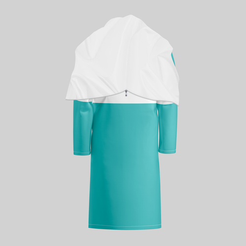 TempoShield Raincoat T2 back view showcasing a teal waterproof marching band raincoat with a full-length silhouette, white protective shoulder cape with rear zipper detail, and extended hem designed for weather protection during outdoor performances.