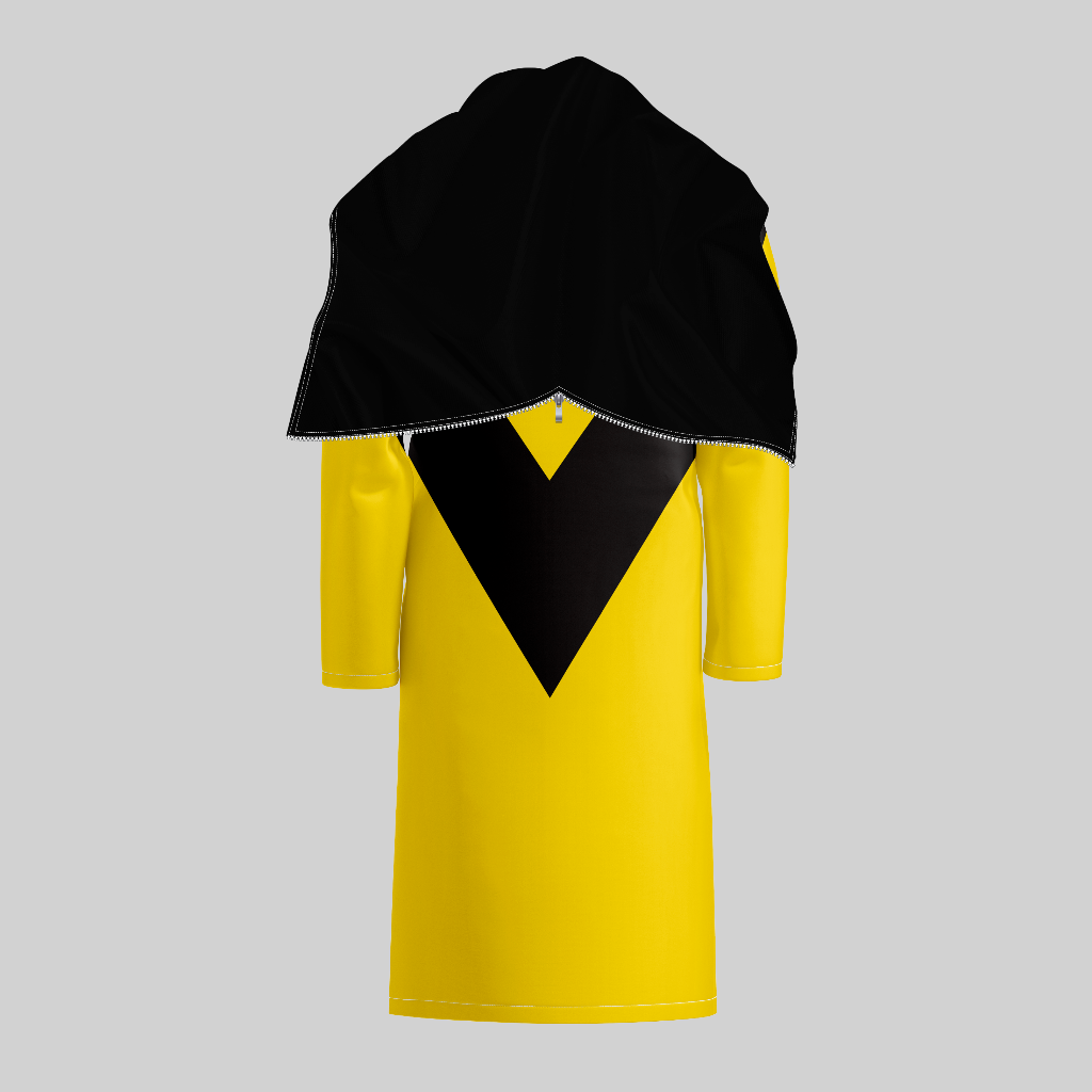 TempoShield Raincoat T4 rear view showing a full-length yellow waterproof marching band raincoat with a bold black V-shaped chevron on the back, integrated black hood with zip detail, long sleeves, and durable all-weather construction designed for marching bands, parades, and outdoor performances.