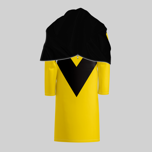 TempoShield Raincoat T4 rear view showing a full-length yellow waterproof marching band raincoat with a bold black V-shaped chevron on the back, integrated black hood with zip detail, long sleeves, and durable all-weather construction designed for marching bands, parades, and outdoor performances.