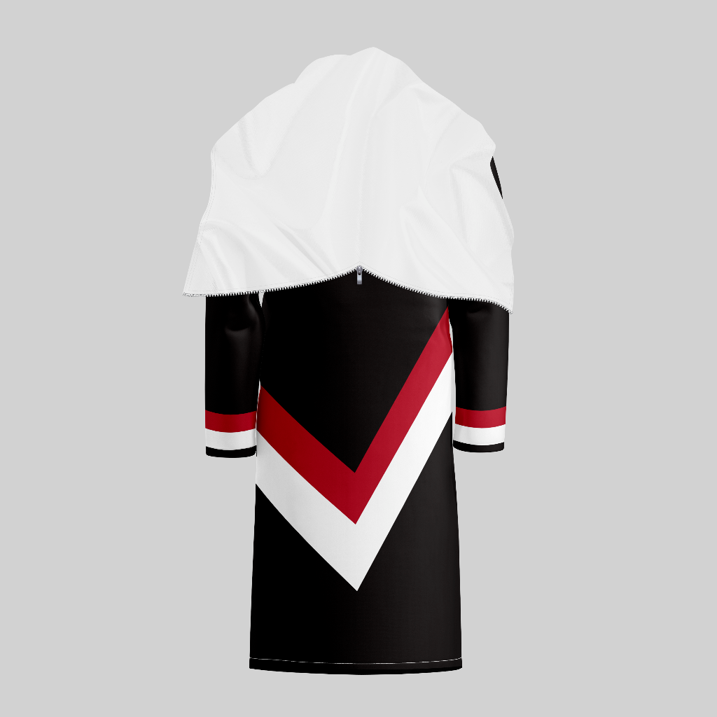 TempoShield Raincoat T6 back view featuring a full-length black waterproof marching band raincoat with a white shoulder cape, bold red and white chevron stripe design on the back panel, striped sleeve cuffs, and durable weather-resistant construction designed for outdoor marching band performances and rainy conditions.