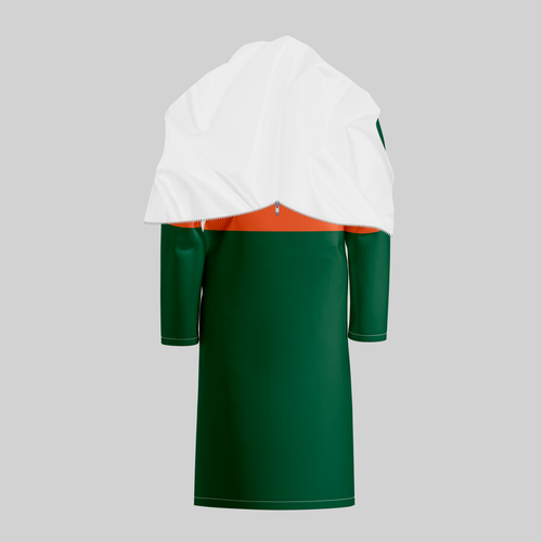 TempoShield Raincoat T1 back view showing a dark green waterproof marching band raincoat with a white hooded cape overlay, rear zipper detail, and contrasting orange stripe across the upper back, designed for full-length weather protection and performance use.