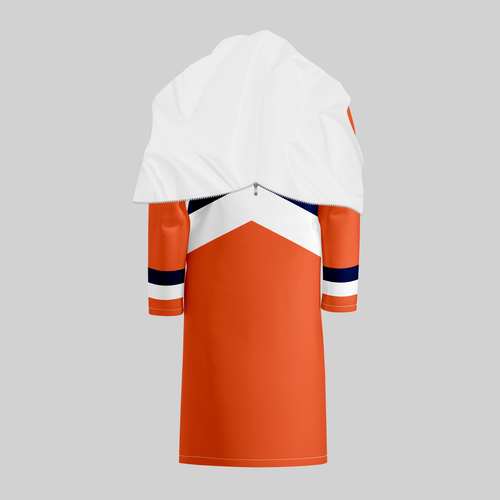 TempoShield Raincoat T5 back view showing a full-length orange waterproof marching band raincoat with a white shoulder cape, bold white and navy chevron detailing across the upper back, long sleeves with striped cuffs, and durable all-weather construction designed for outdoor performances.