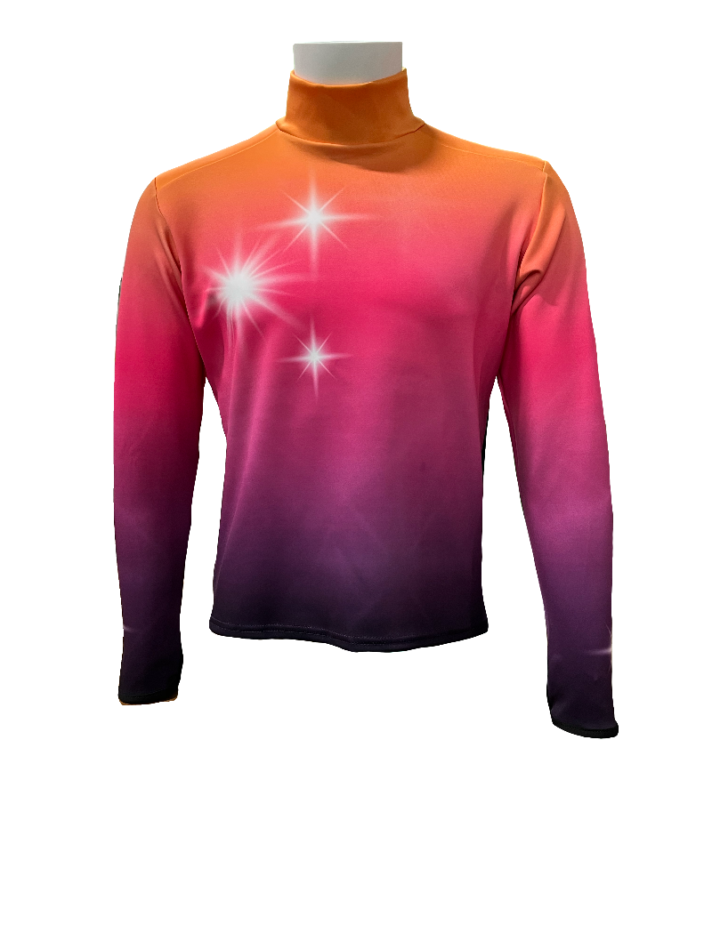 A long-sleeved, high-neck Activewear Top with a gradient color design, transitioning from orange to purple, with sparkling star motifs on the front.