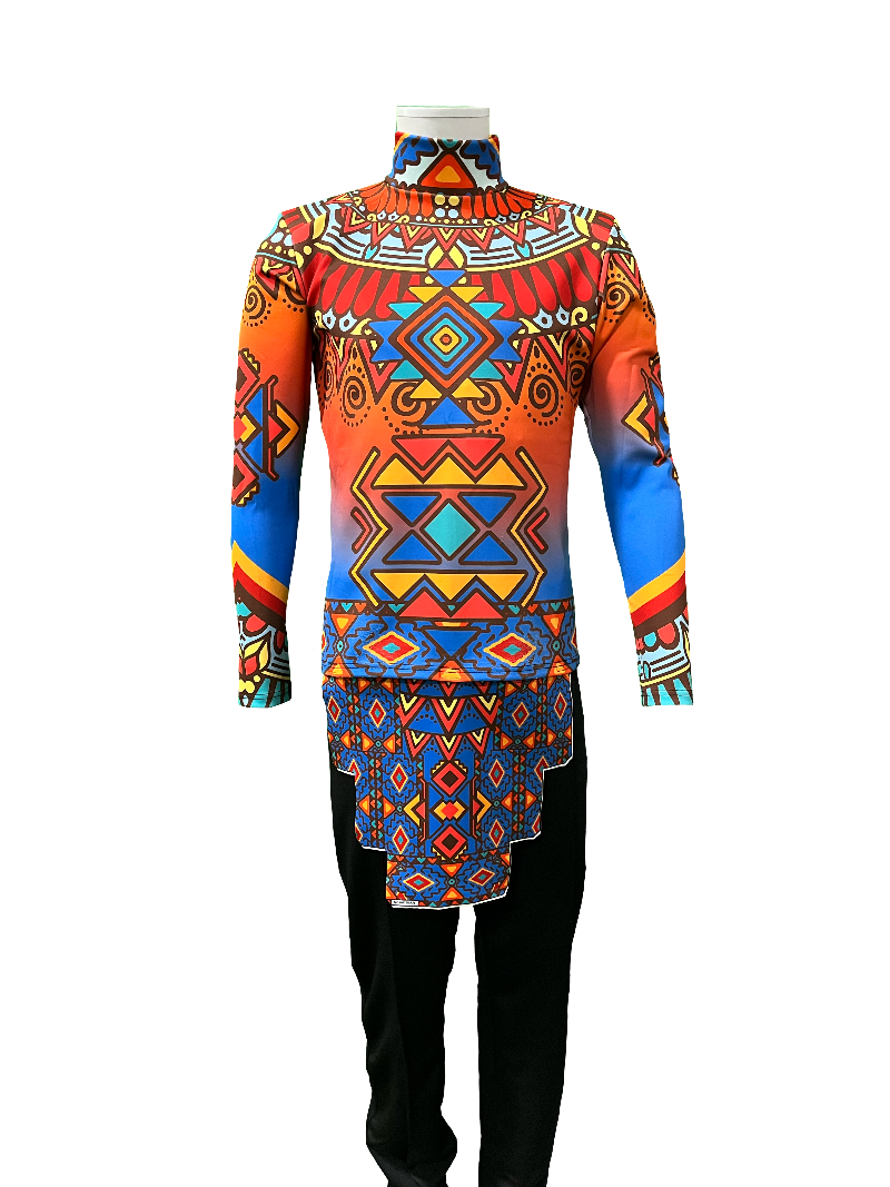 A long sleeve Aztec pattern band top displayed on a mannequin against a black background.