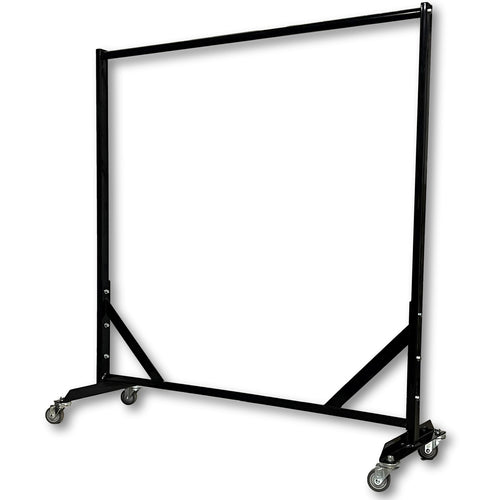 DSI ultra heavy-duty garment rack with reinforced steel frame, wide hanging bar, and locking caster wheels, designed for high-capacity storage and transport of marching band uniforms, costumes, and performance apparel.