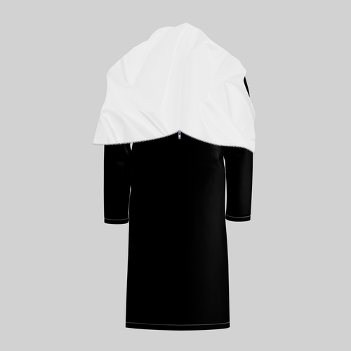 Back view of TempoShield T0 raincoat showing a long black waterproof body with a white protective shoulder cape overlay and rear zipper detail, designed for marching band conductors and outdoor performance in rainy conditions.