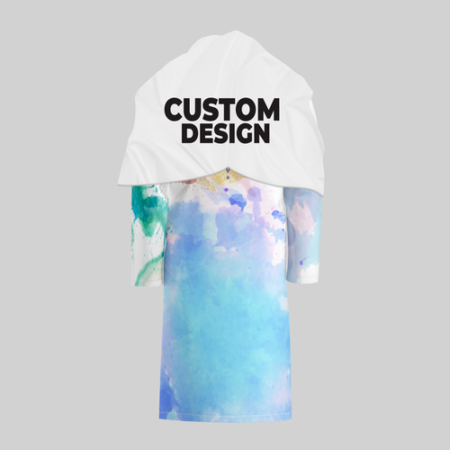 Custom TempoShield Raincoat rear view showing a full-length waterproof marching band raincoat with a white hooded shoulder cape, bold “Custom Design” text, and a soft watercolor-style blue and pastel multicolor print, built for fully customizable band rainwear and reliable all-weather performance.