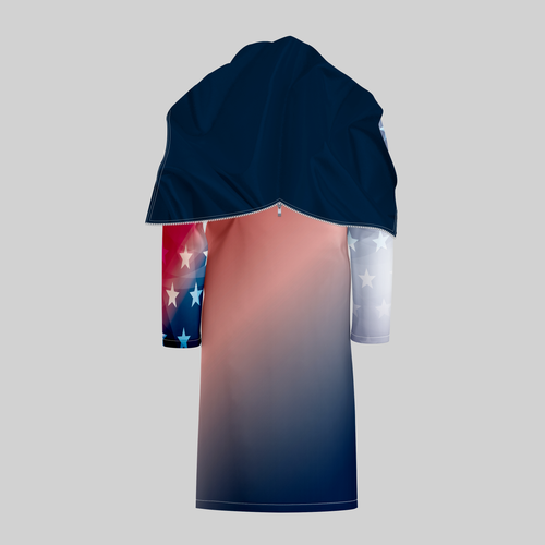 TempoShield Raincoat C3 rear view featuring a full-length waterproof marching band raincoat with a navy hooded shoulder cape, smooth red-to-navy gradient back panel, subtle star accents on the sleeves, and durable all-weather construction designed for outdoor band performances and events.