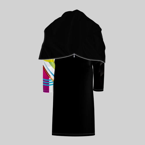 TempoShield Raincoat C2 rear view displaying a full-length waterproof marching band raincoat with a solid black hooded shoulder cape, minimalist black back panel, and weather-resistant construction designed for modern all-weather band performances and outdoor use.