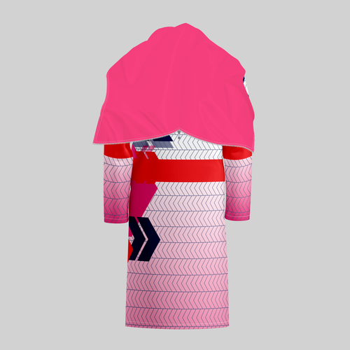 TempoShield Raincoat C1 rear view showcasing a full-length waterproof marching band raincoat with a pink hooded shoulder cape, layered chevron pattern in white, navy, red, and pink, and durable weather-resistant construction designed for high-visibility outdoor band performances.