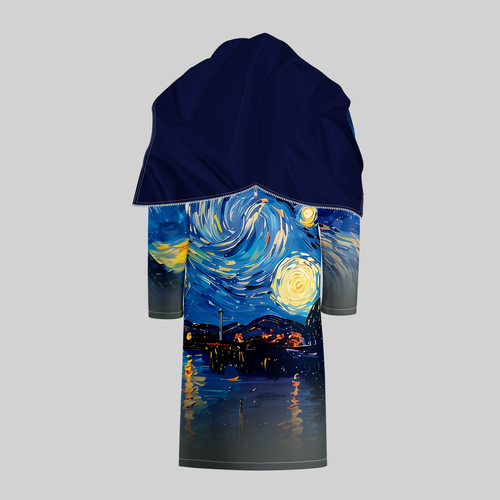 TempoShield Raincoat C4 rear view showcasing a full-length waterproof marching band raincoat with a navy hooded shoulder cape and a bold, artistic night-sky design in deep blue and golden yellow tones, featuring swirling celestial patterns, reflective water-inspired detailing, and durable all-weather construction for outdoor band performances and parades.