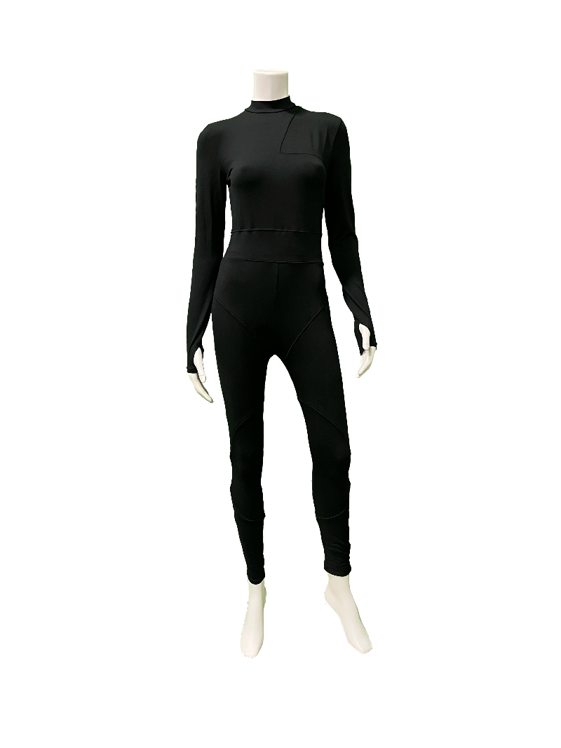 A black unitard for adults, displayed on a mannequin against a white background. The mannequin is wearing a pair of long black activewear pants and a coordinating black sports top, standing on white shoes.