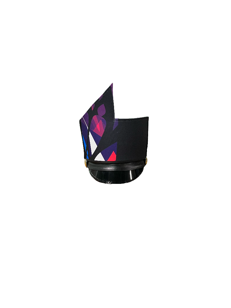 A shako wrap with a vibrant multi-color stained glass design and sleek black accents.