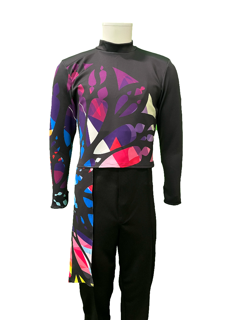 A sleeveless black performance shirt with a vibrant multi-color stained glass design on the front, displayed on a mannequin.