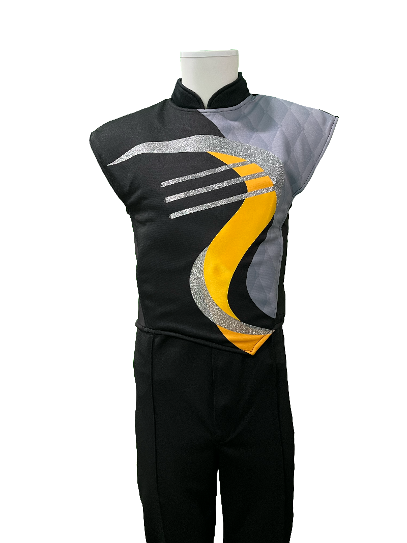 A black, grey, and yellow marching band vest on a mannequin, featuring a modern geometric design and silver accents.
