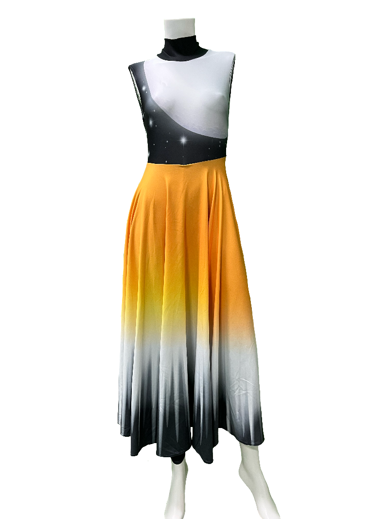 A sleeveless color guard outfit with a flowing full skirt, featuring a bold color palette of yellow, white, and black, displayed on a mannequin.