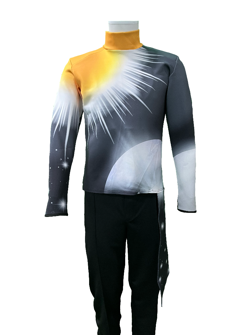 A band shirt with a design featuring sun and moon symbols, predominantly in gray with yellow and white accents, displayed on a mannequin.