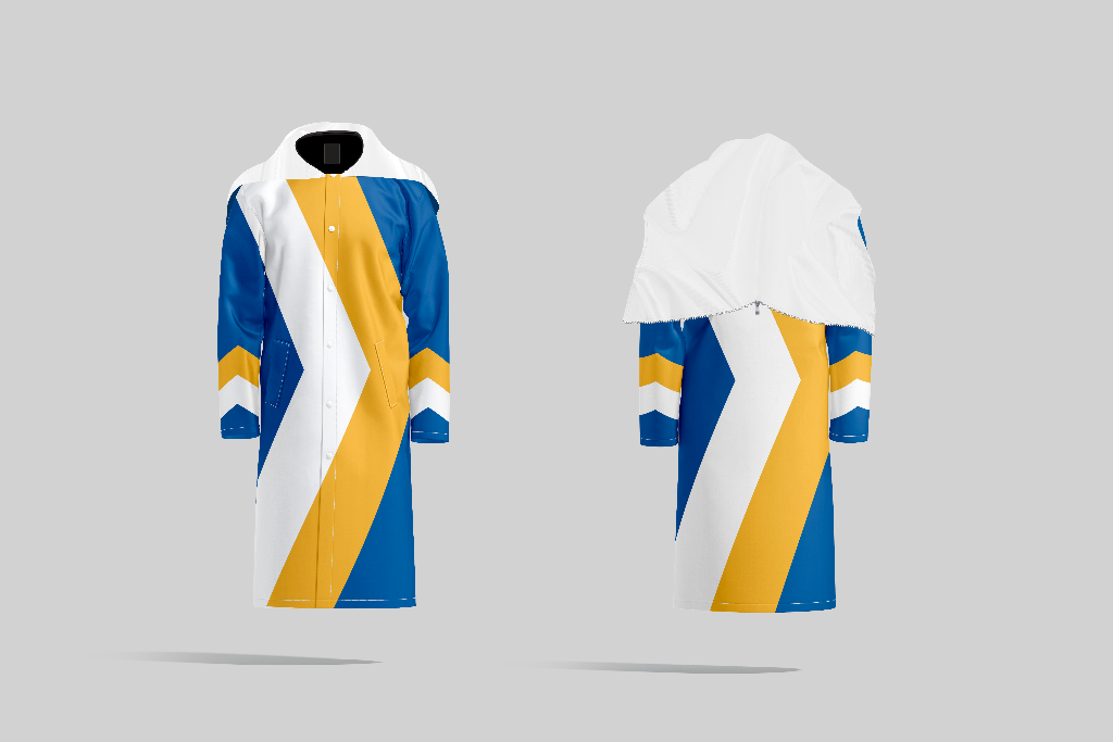 Front and back view of TempoShield Raincoat T9 showcasing a full-length marching band raincoat with a white shoulder cape, striking diagonal color-block design in royal blue, white, and gold, long sleeves with chevron accents, snap-button front closure, and a durable waterproof finish designed for outdoor performances and marching band use.
