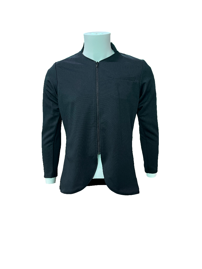A black jacket with a mandarin collar and front zip closure, displayed on a mannequin.