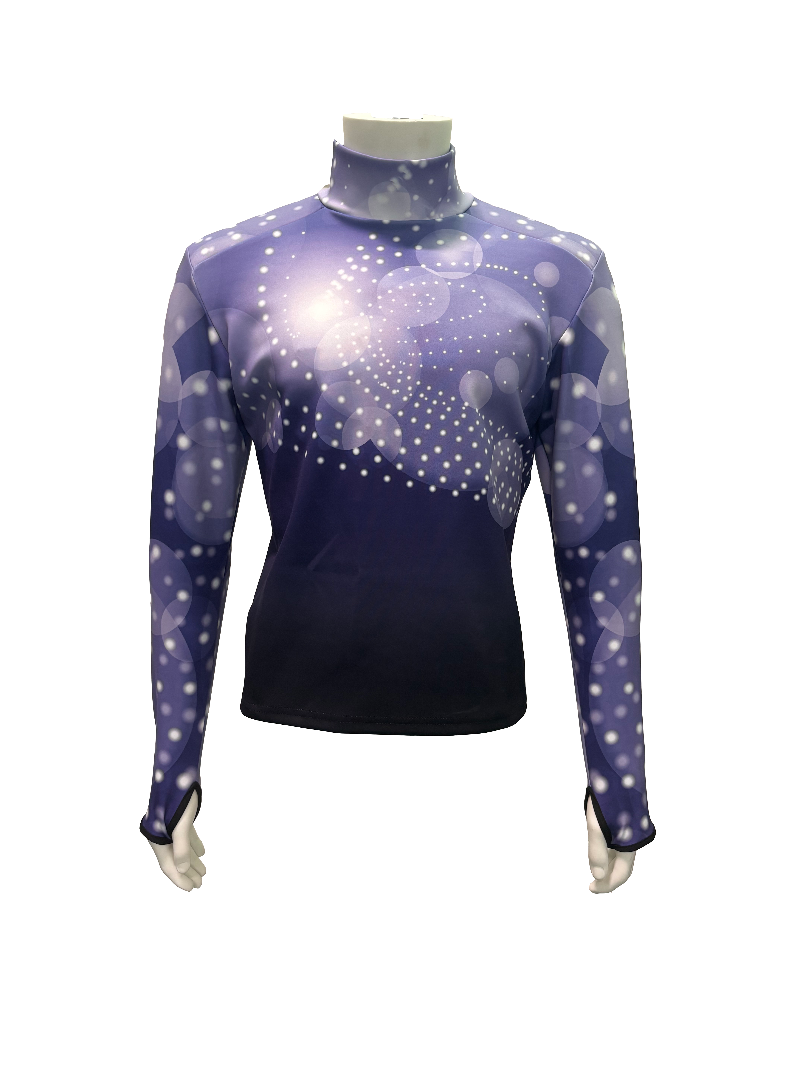 Purple and black long-sleeve top with star pattern on a mannequin against a white background