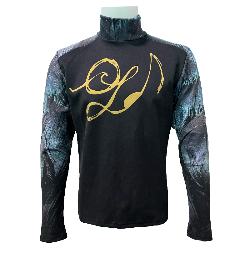 A black band show top with a gold design on the front and a peacock feather pattern on the back and sleeves. It features a black zipper at the back and built-in thumbholes.