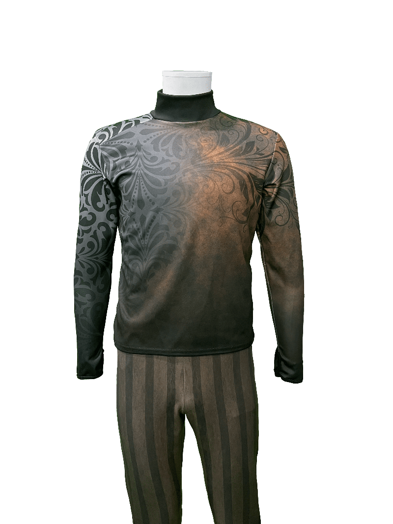 A long-sleeve turtleneck top and matching striped pants displayed on a mannequin against a black background. The top is dark gray with a tonal floral pattern and a warm brown gradient across the chest, while the pants are olive green and brown vertically striped.