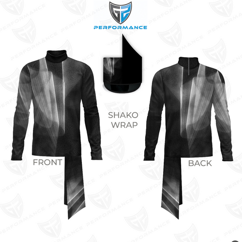 Flow Flex Top FG001.2 grey long sleeve performance top showing front and back views with matching shako wrap and tonal abstract gradient design