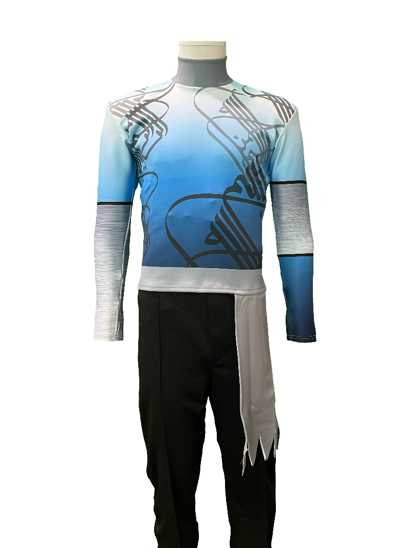 A shirt with a modern design featuring blue, white, and grey bands, and intricate calligraphy. The shirt is displayed on a mannequin that is wearing black trousers.