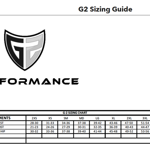 G2 sizing guide for Marching Band Flow Flex Performance Top G108 showing chest, waist, and hip measurements