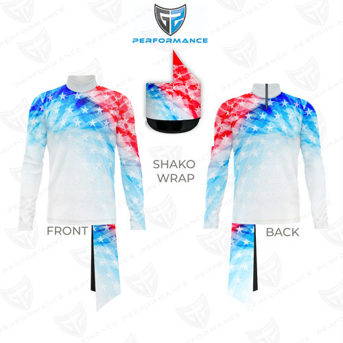 Marching Band Flow Flex Performance Top G018 shown in front and back views with matching shako wrap, featuring a red, white, and blue star design and high-performance long-sleeve construction for marching band uniforms.