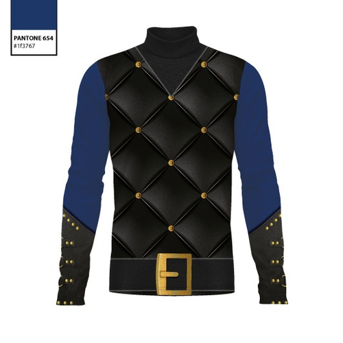 A long-sleeve mock-neck shirt in black and royal blue with a quilted diamond pattern on the chest, gold-tone studs, and a matching black belt with a gold buckle, shown on a white background with a Pantone color swatch in the top-left corner.