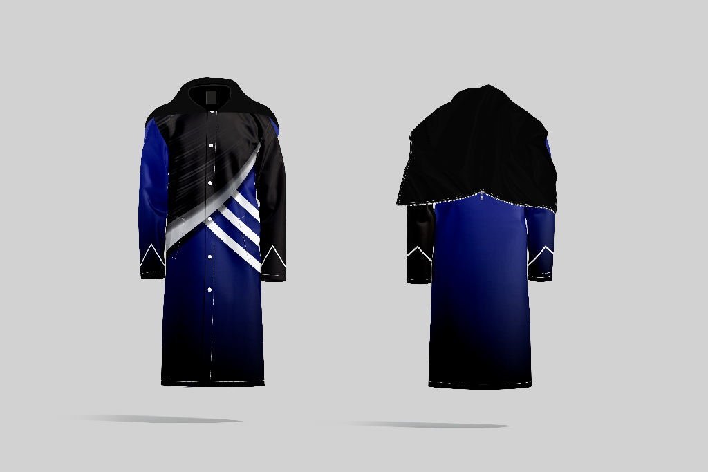 Front and rear view of TempoShield Raincoat T8 featuring a full-length marching band raincoat with black shoulder cape, deep blue gradient body, angular silver and white diagonal accents on the front, black sleeves with white chevron cuffs, and a waterproof performance design ideal for outdoor marching band use.