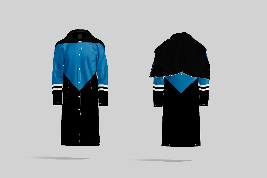 TempoShield Raincoat T7 shown in front and back views, featuring a full-length marching band raincoat with sky blue upper panel, black lower body, inverted V design, black shoulder cape, white stripe sleeve accents, and durable waterproof construction for outdoor band performances.
