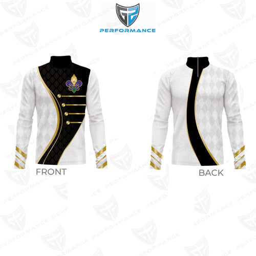 Front and back views of a long-sleeve mock-neck performance jersey. The front is white with a black yoke, gold trim, and a purple/gold fleur-de-lis crest.