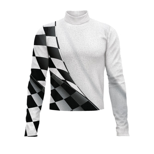 A long-sleeve mock neck top with a diagonal split design, featuring a solid light gray body and a black and white checkered pattern on the right sleeve and side panel, shown on a plain white background.