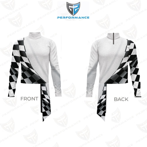 Front and back views of a white long-sleeve performance top with a black and white checkered pattern draped over one shoulder and tied at the waist, shown on a white background with a Performance logo at the top.