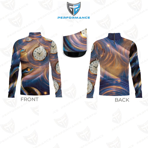 Front and back views of a long-sleeve quarter-zip performance top with an all-over abstract print featuring blue, orange, purple, and black swirls, clock faces, and a small boat illustration. A matching neck gaiter is shown above the views on a white background with a shield logo and the word PERFORMANCE at the top.