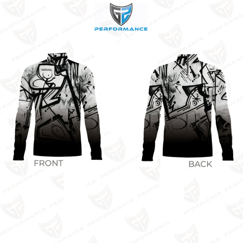 Front and back views of a long-sleeve performance hoodie featuring a black and white graffiti-style gradient graphic print, shown on a white background with a Performance brand logo at the top.