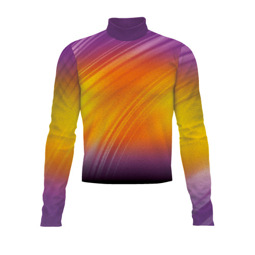 Flow Flex Top FG015.2 performance uniform featuring purple, orange, and yellow gradient design with long sleeves and mock neck for marching band and athletic wear